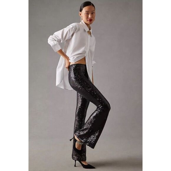 Anthropologie Joni Sequin Flare Pants Black Cocktail Party Sparkle US 4 NWT - Picture 3 of 11